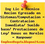 Ing Lic o Tecnico Recien Egresado en Sistemas/Computacion – Contratacion Inmediata/ Sueldo base/ Prestaciones de Ley/ Bonos en Morelos – Manpower